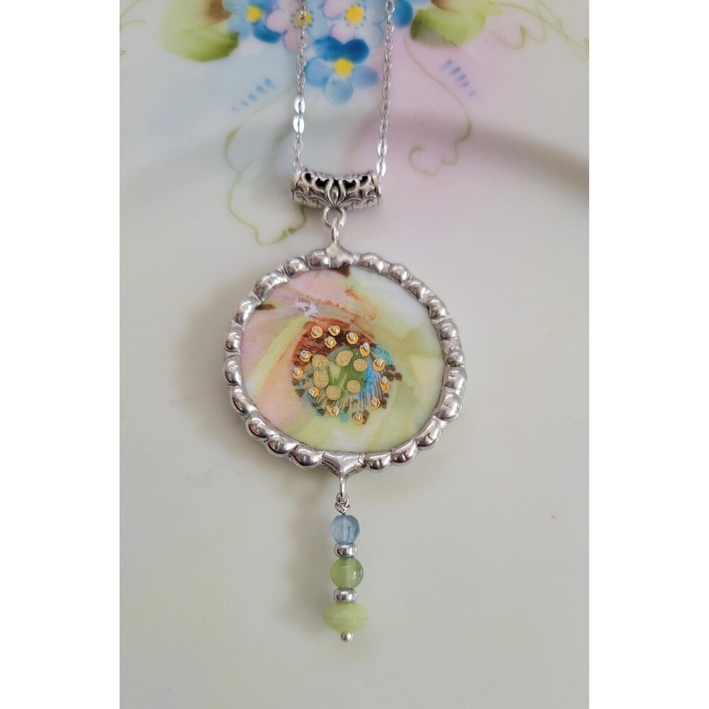 Broken China Necklace – Handcrafted Floral with Beaded Solder Border